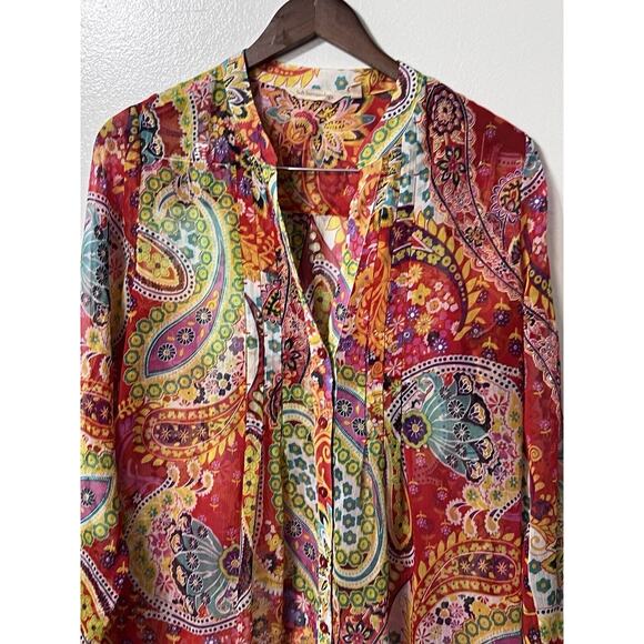 Soft Surroundings Women Tunic Blouse Top Sz M Multi Floral Boho Semi Sheer Artsy - Picture 3 of 8
